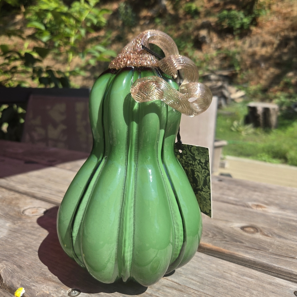 Blown Glass Pumpkin Green with Gold Stem